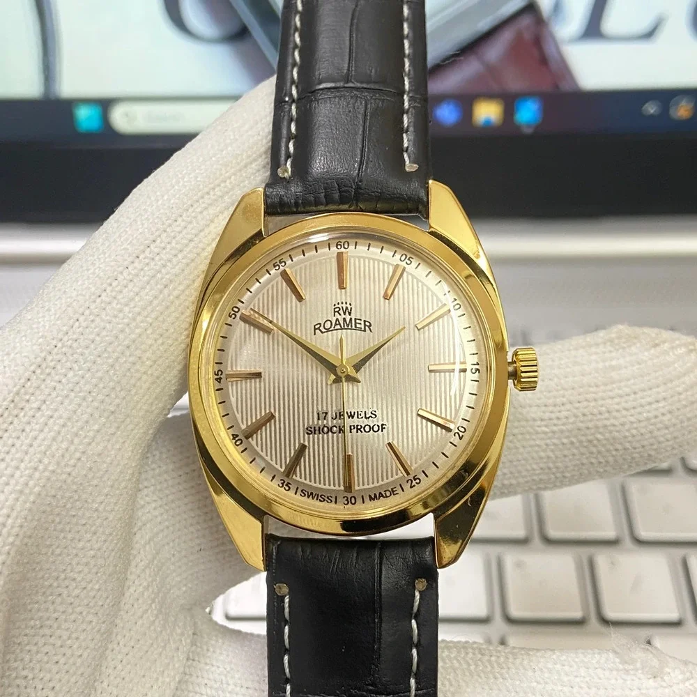 Vintage 1978 Roamer Manual Mens Gold Watch W/Leather Strap & Silver accents